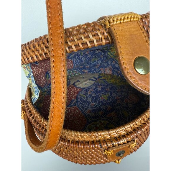 Vintage Handmade Round Boho Wicker Rattan Leather Basket Crossbody Purse - Picture 7 of 7